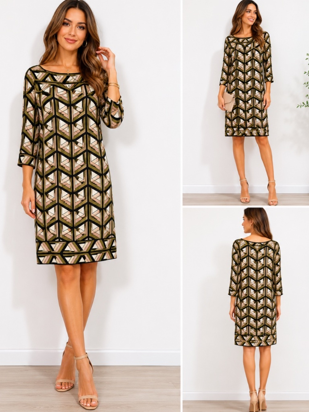 Diane von Furstenberg Silk Geometric Print Shift Dress 3/4 Sleeve Size 12